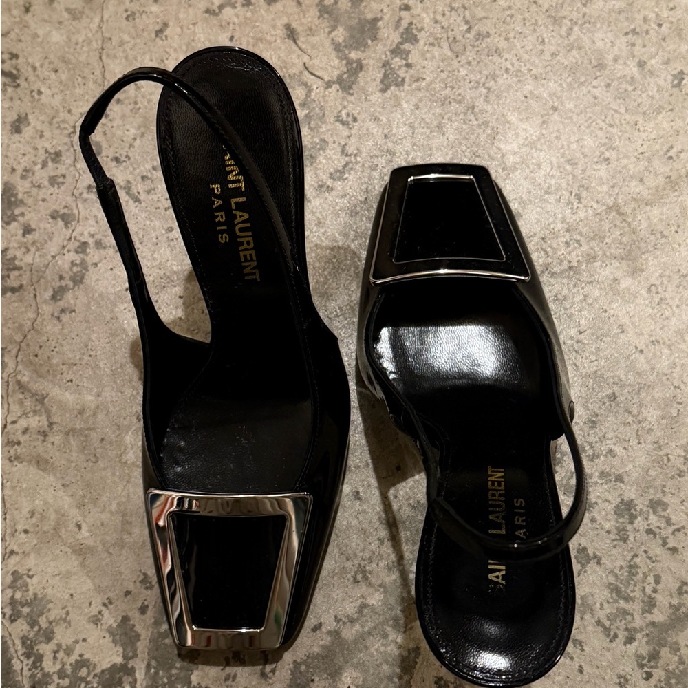 Saint Laurent Black and Silver Slingback Heels